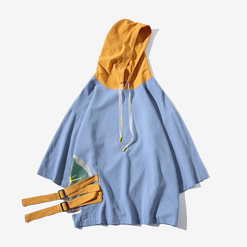 

Hoodie men's casual short-sleeved sweatshirt fashion stitching thin loose pullover large size high quality blue white hoodie 5XL