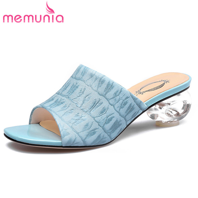

MEMUNIA 2020 genuine leather shoes women slipper new arrive crystal high heels summer shoes fashion quality ladies slipper, Beige