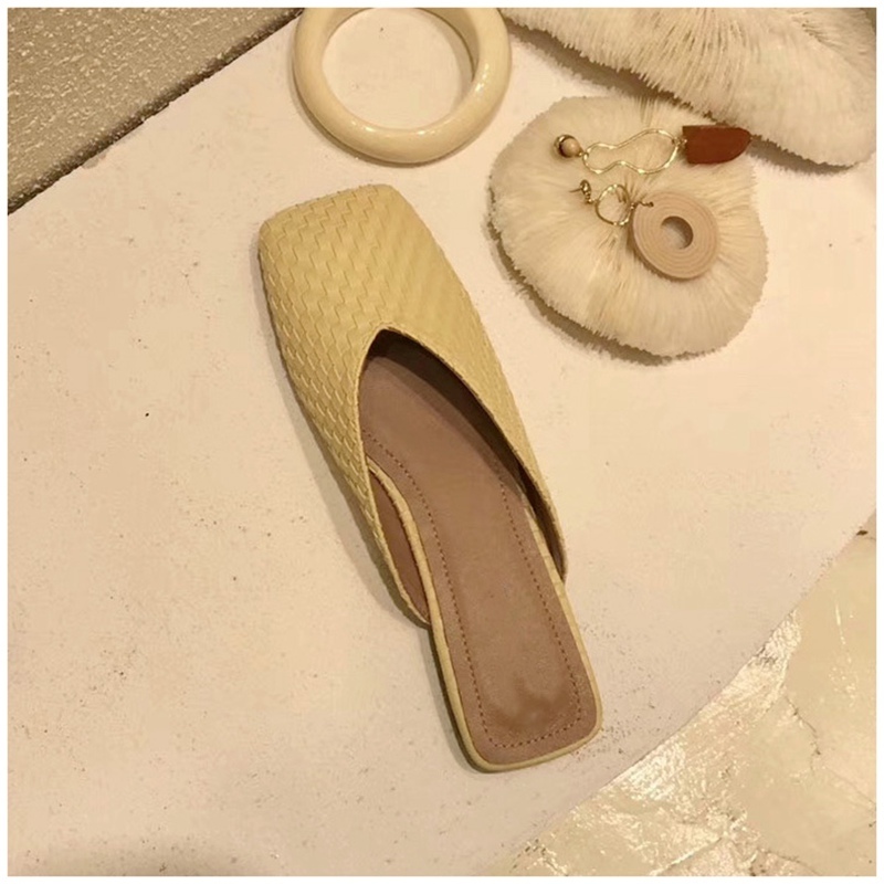 

Women Fashion Cane Weave Mule Sandal Shoes 2020 Square Toe Slippers Summer Outdoor Beach Flip Flops Slides Shoes, Beige