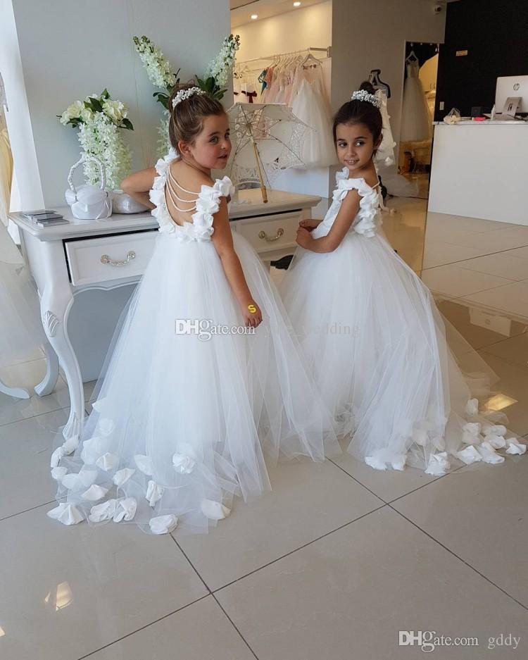 

White Flower Girls Dresses For Weddings Scoop Ruffles Lace Tulle Pearls Backless Princess Children Wedding Birthday Party Dresses, Hunter