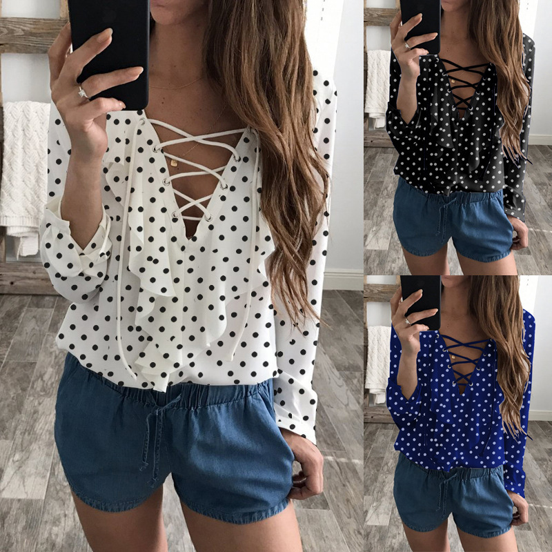 

Women Blouses Shirt Lotus leaf edge wave point long sleeve Shirt V-Neck Chiffon Shirt blouse White black Red Blue S  L XL XXL XXXL