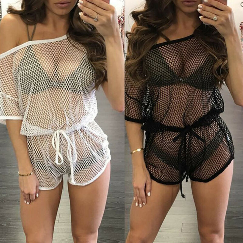 

Summer Women Sexy Loose Casual Bekini Cover Up Solid Fish Net Waist Belt Short Sleeve Off Shoulder Slash Neck Overalls