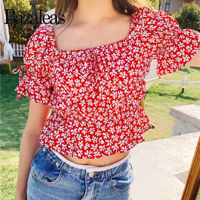 

Bazaleas France Red Floral Print short Flare Sleeve Women blouse Elegant blusas mujer de moda 2020 Vintage Square Collar Tops, 1837 tartan lx14