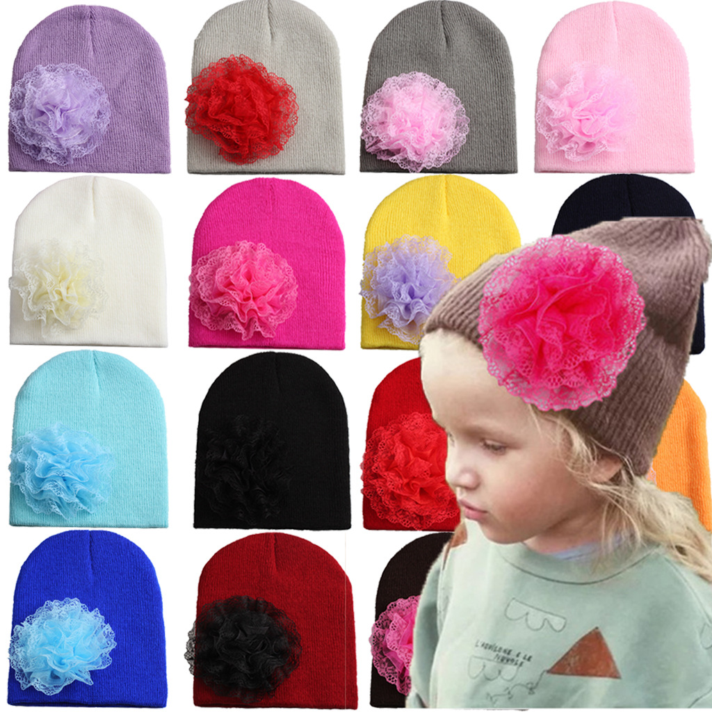 

20pcs baby INS candy color knit caps crochet hats beanie with Chiffon flower girl toddler stretchy caps, As pic