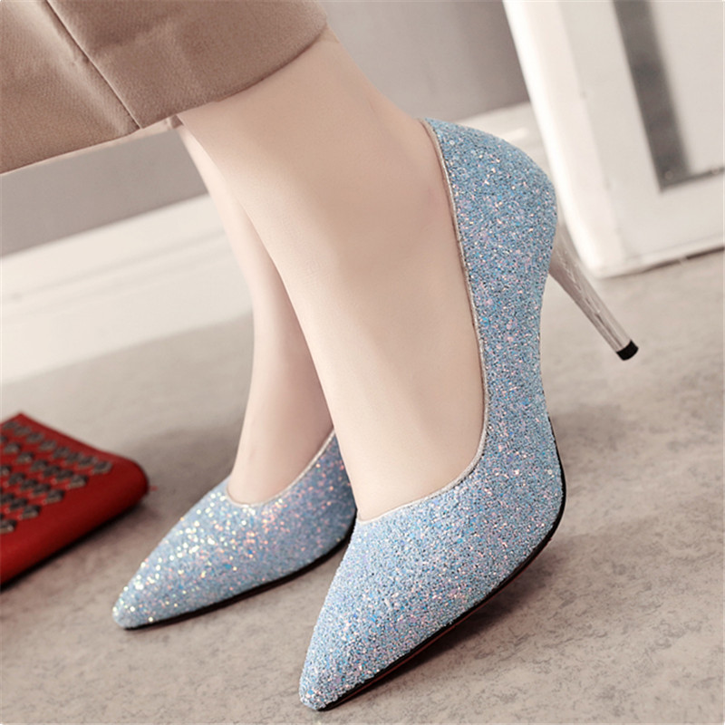 

2020 new wild fashion Sequin High Heels Women Shiny Pointed Toe Pumps Sexy sequin bridesmaid banquet shoes, Black