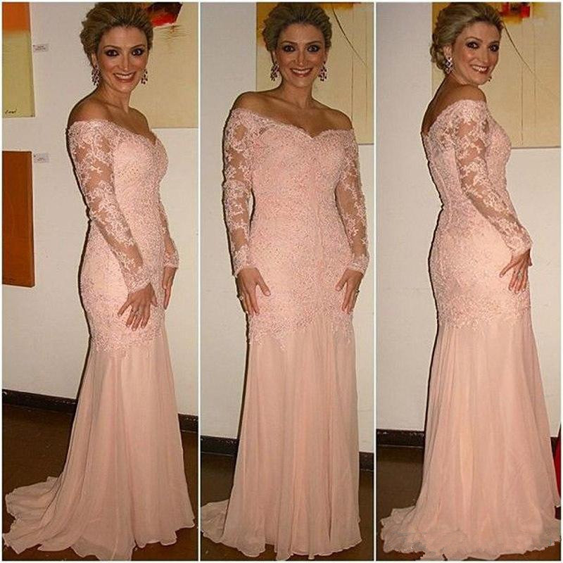 

2019 Elegant Pink Lace Mother of the Bride Dress Off the Shoulder Vestido de Fiesta Long Sleeve Backless Wedding Guest Reception Dresses
