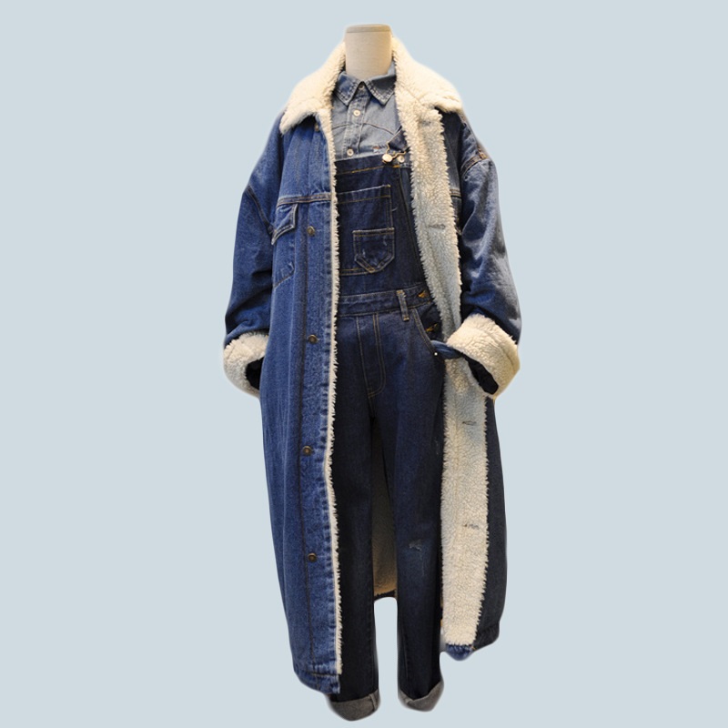 

Winter Warm Fur Jeans Jacket Women Bomber Jacket Long Denim Female Coat with Full Warm Lining & Front Button Flat Pockets, Sky blue