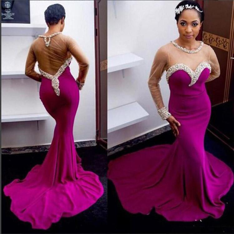 

Aso Ebi Fushsia Prom Dresses Sheer Beaded Jewel Neck Long Sleeve Celebrity Evening Dress Mermaid Pearls Party Gowns, Red
