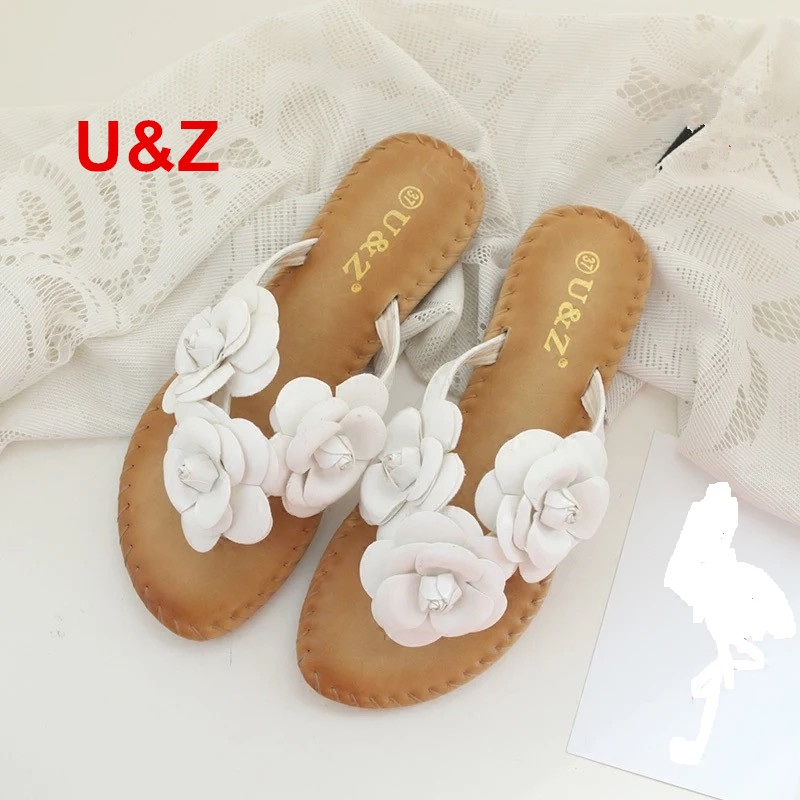 

New cloth floral slippers New York woman,Female flip flops flowers slippers sweet sandals Camellia Shoes beach sandals Summer, Beige
