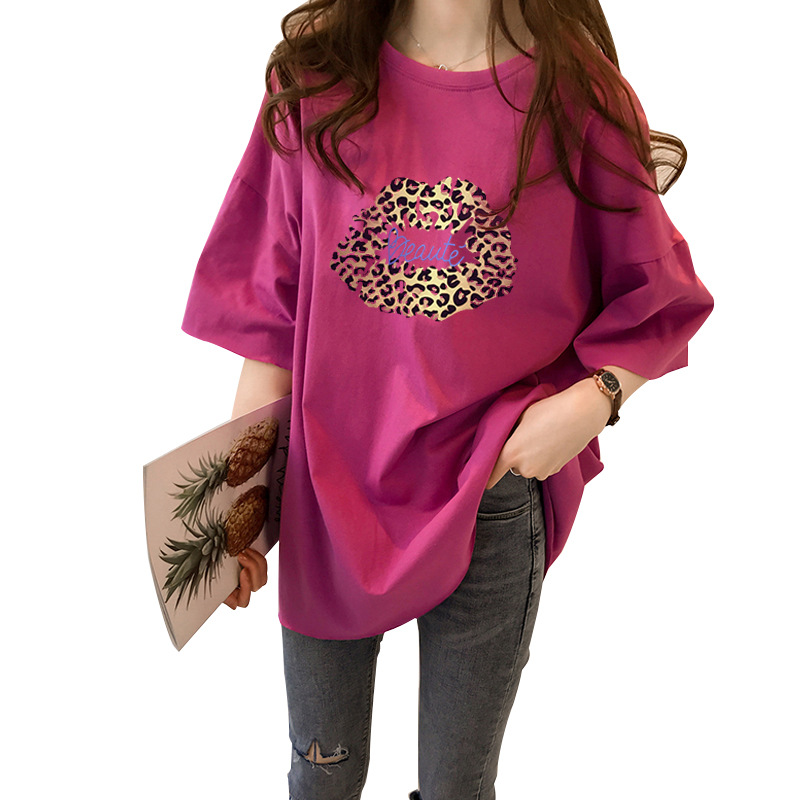 

T Shirt Women 2020 Plus Size Summer New Arrival Leopard Lips Print Short Sleeve O Neck T-Shirt Cheap Tshirt Cloth Vestidos, Red