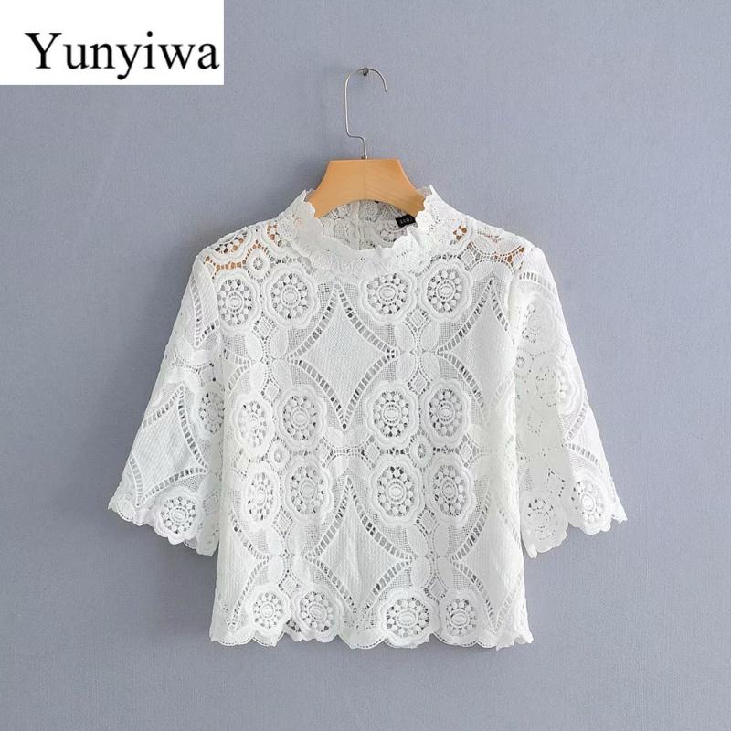 

Women Sweet Lace Crochet Embroidery White Blouse Shirts Women Short Sleeve Hollow Out Blusas Casual Spliced Chemise Tops, As picture