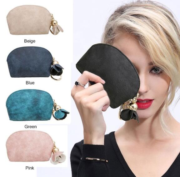 

Ladies PU Leather Mini Wallet Card Key Holder Zip Coin Purse Floral Pendant Clutch Bag Small Handbag Key Storage Bag