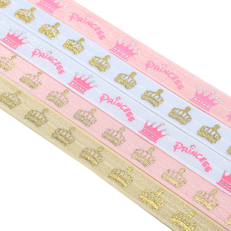 

5/8" silver foil pink ink printed crown FOE fold over elastic ribbon 100yards/roll