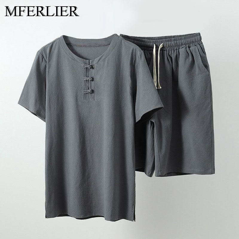 MFERLIER hommes d'été Chemise 5XL 6XL 7XL 8XL 9XL 10XL buste 157-162cm taille plus grande chemise de lin taille avec un short hommes 5 couleurs M
