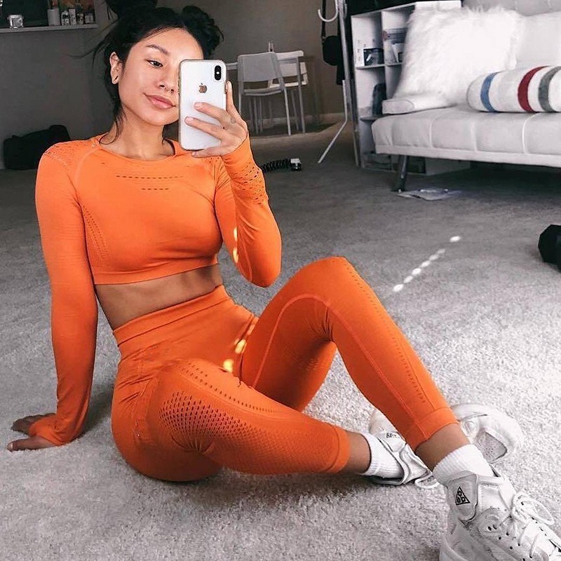 

AprilGrass Brand Designer Women' Fitness Crop Top And Long Pants Sleeve Layer Crew Neck Power Stretch Yoga sportswear Sexy Gym Clothing, Black