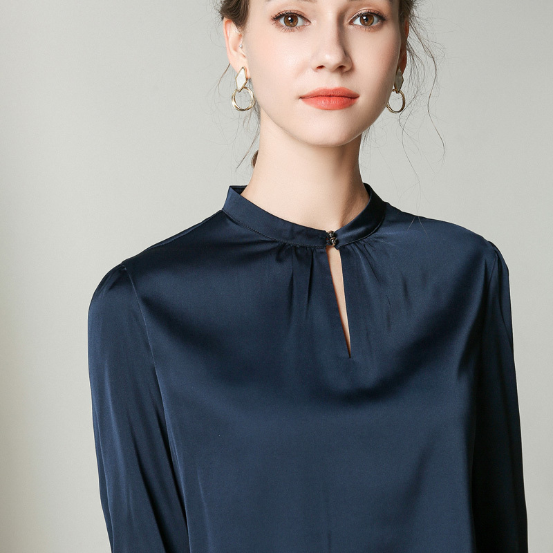 

Summer 100% Real Silk Women's Blouse and Tops 2020 Korean Casual Fashion Slim Blusas Ladies Short Sleeve Shirt ZS2007, Blue