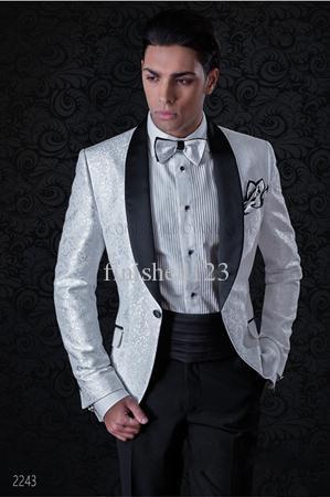 

Popular Handsome One Button White Patterns Wedding Groom Tuxedos Shawl Lapel Groomsmen Men Suits Prom Blazer (Jacket+Pants+Tie) NO:1868, Same as image