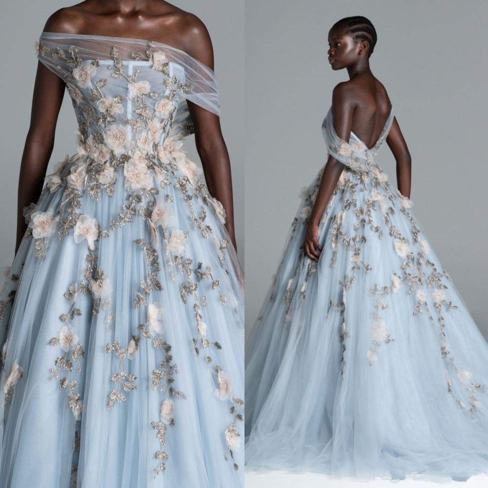 

Paolo Sebastian Beaded Backless Prom Dresses Off The Shoulder Neck Appliqued Evening Gowns Plus Size Light Sky Blue Tulle Formal Dress, Lavender