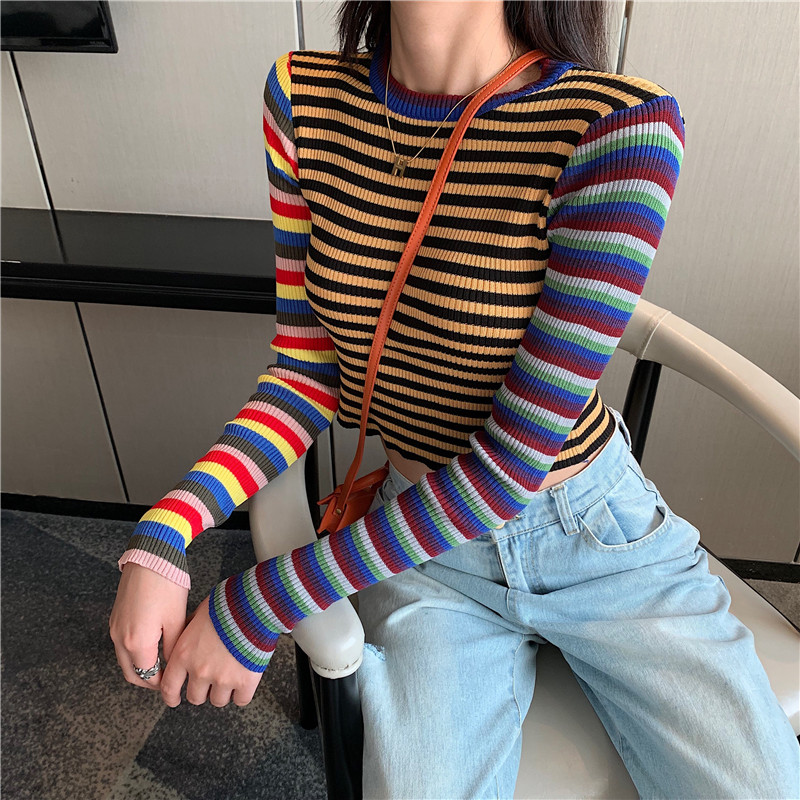 

2020 Autumn Women Striped Sweater O-Neck Cropped Sweater Pullover Girls Contrast Color Full Sleeve Crop Top For Female, The picture color