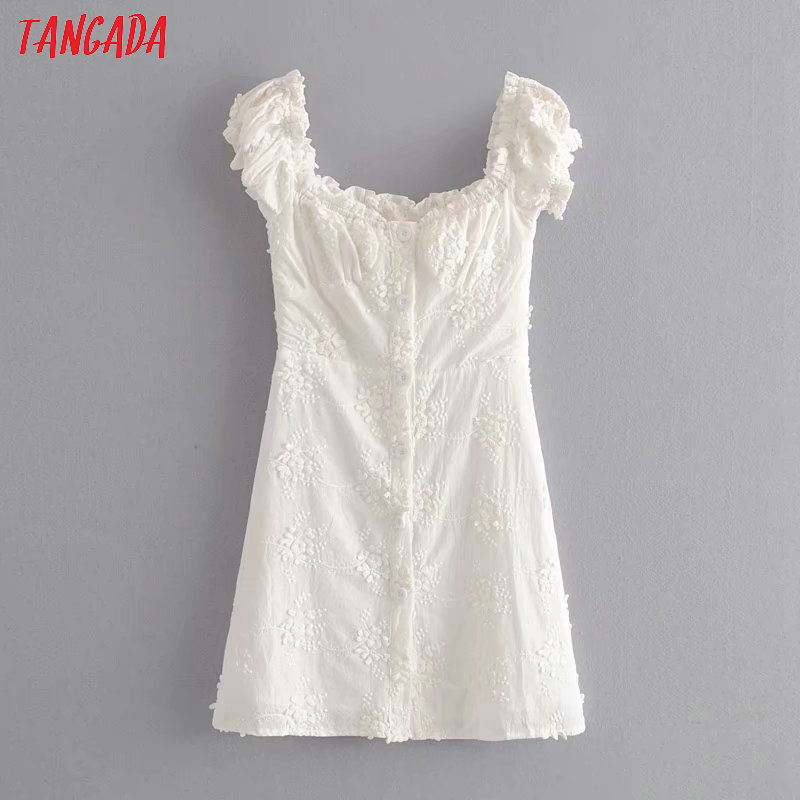 

Tangada fashion women white embroidery cotton dress French style short sleeve ladies summer beach dress vestidos 1T17
