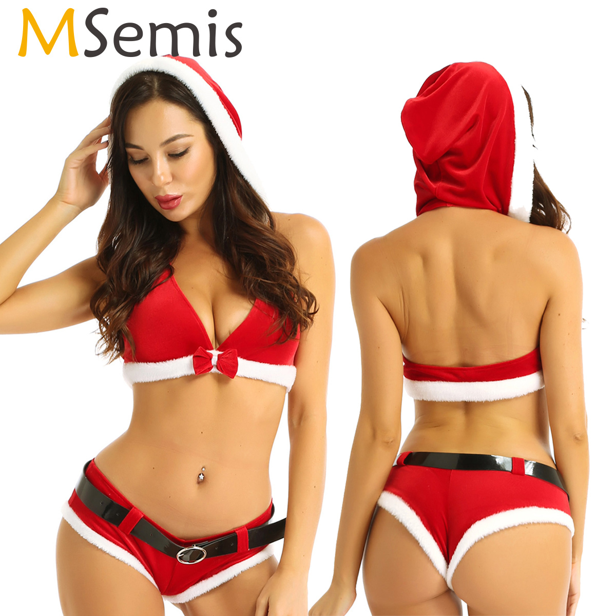 

Women Hot Exotic Santa Claus Costume Red Sexy Christmas Lingerie Set Stripper Clothes Hooded Crop Tops Bodydoll Panties Belt LY191222, Khaki