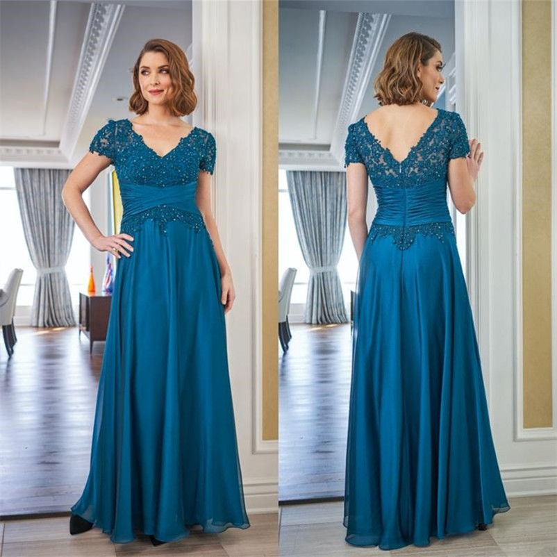 Mousseline de mousseline d'été Mère de la mariée Robes de la mariée Col V-Col Manches Mariage Robe d'invité Appliquée Dentelle Perlée Soirée Robe