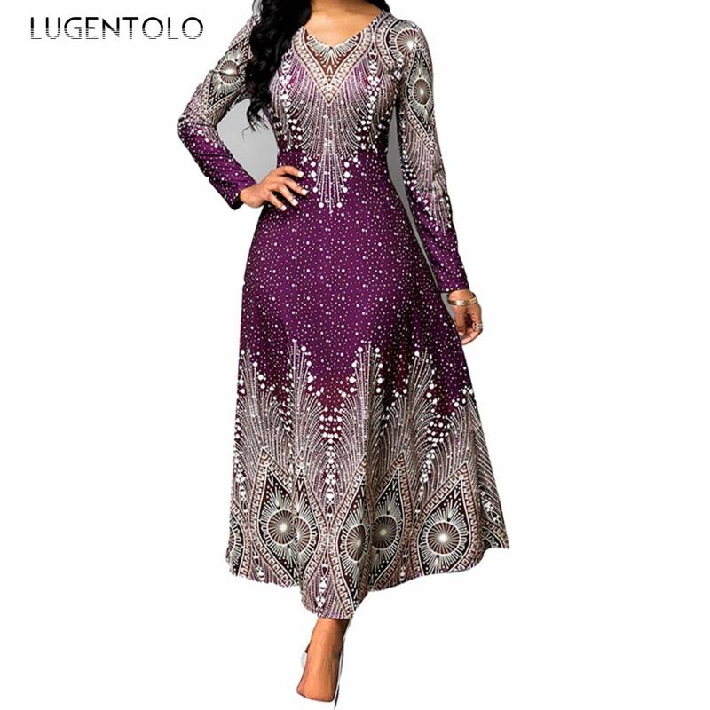 

Lugentolo Long Dress Women Plus Size V-neck Vintage Print Long-sleeved High Waist Round Neck Polyester Office Lady Summer Dress, Blue