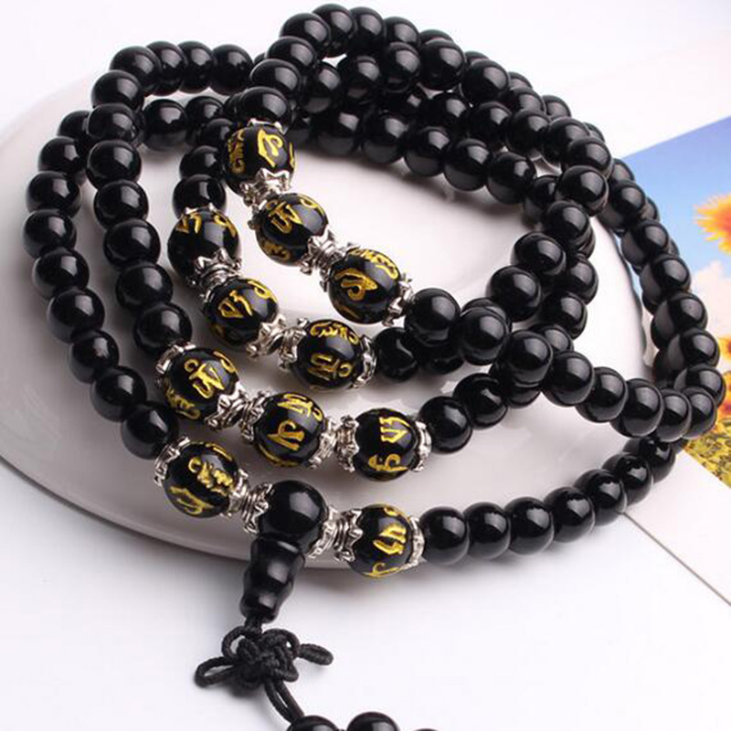 

Natural Crystal Prayer Beads Women Buddhism Obsidian Rosary Bracelet Six Character Mantra For Gift Jewelry Accessories Findings