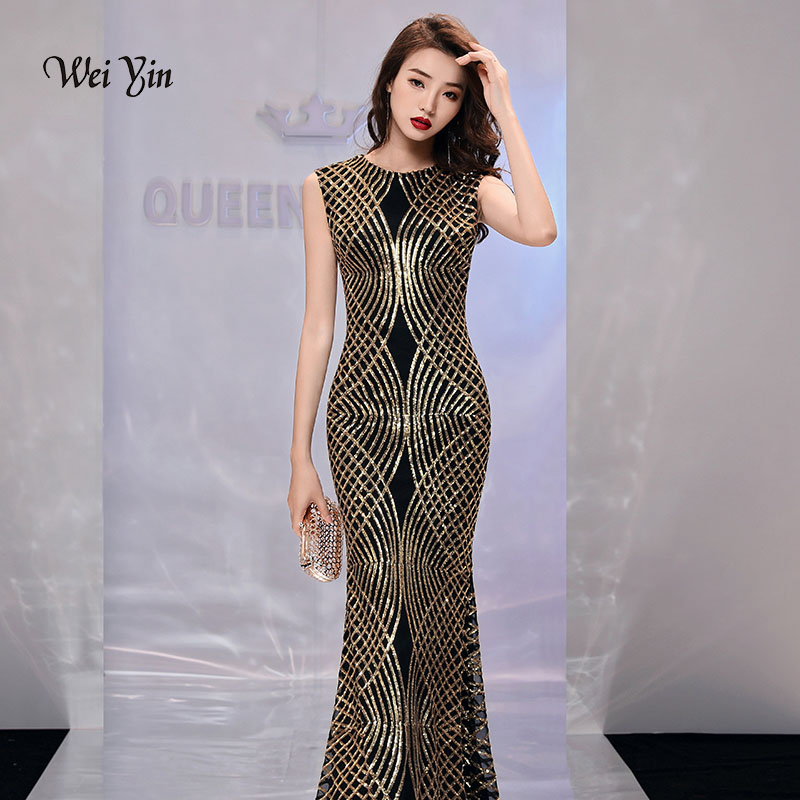 

weiyin Gold Sequined Mermaid Evening Dresses See Through O Neck 2019 New Arrival Floor Length Long Party Dresses for Women WY971, Black