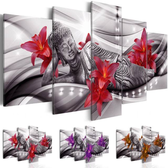 Fashion Wall Art Canvas Painting 5 Pieces Silver Reclining Buddha Lilies Flower Modern Home Decoration, No Frame-image-449087398