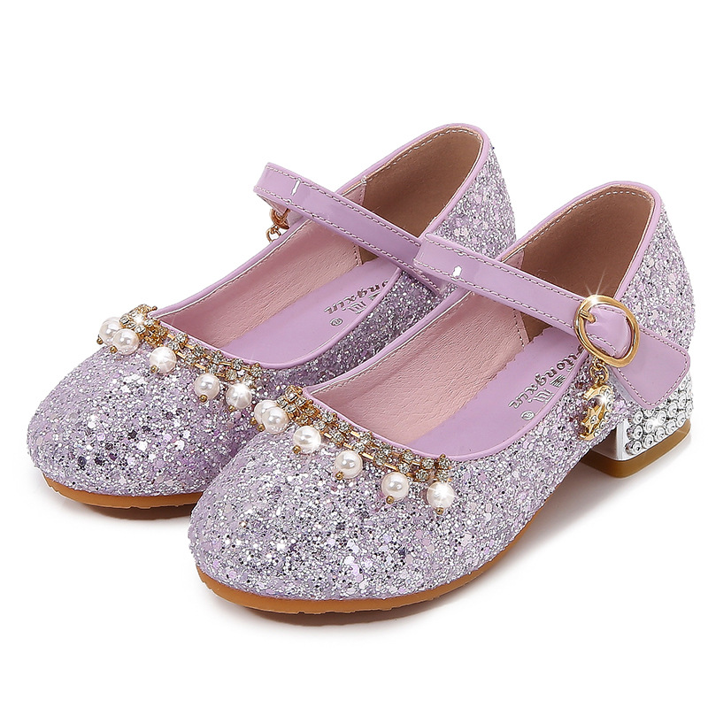 

Girls Shoes Kids Glitter Shoes Pearls Beading Rhinestone Sparkling Sequined Romantic Dress Gift For Girls High Heels, Purple