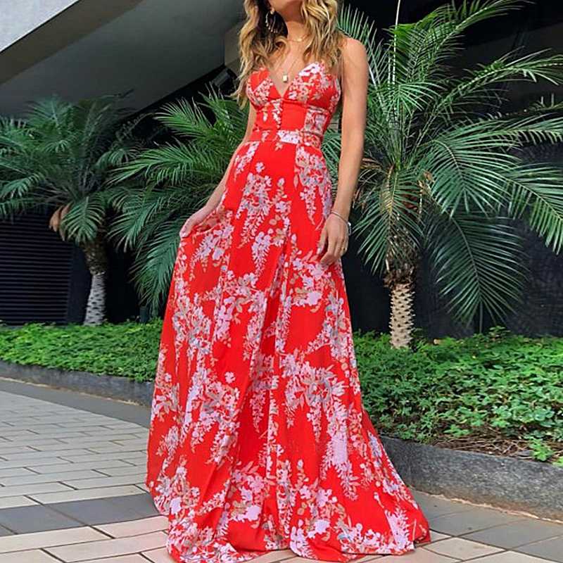 

Blesskiss Push Up Beach Dress Women 2020 Summer Sexy Long Red Bikini Swimsuit Bathing Suit Cover Up Beach Holiday Boho Dress, Red printed