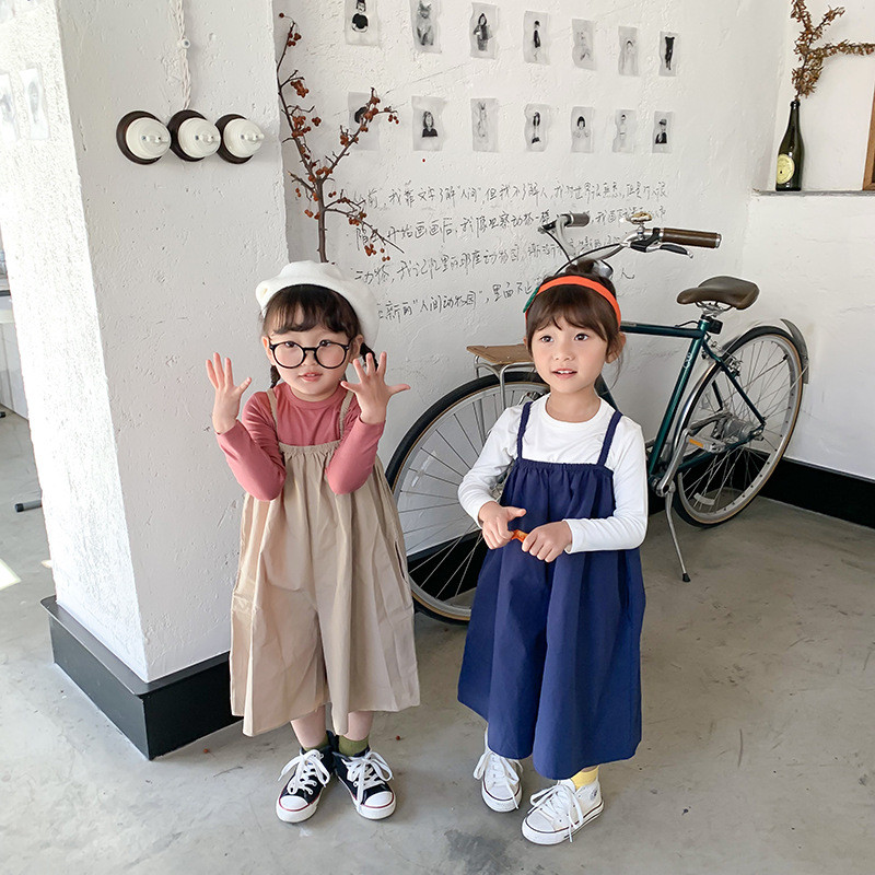 

2020 Spring Pure Color Baby Girls Wide-leg Suspenders Pants Loose Kids Jumpsuits Korean Style Dress Casual Children Overalls, Blue g0185