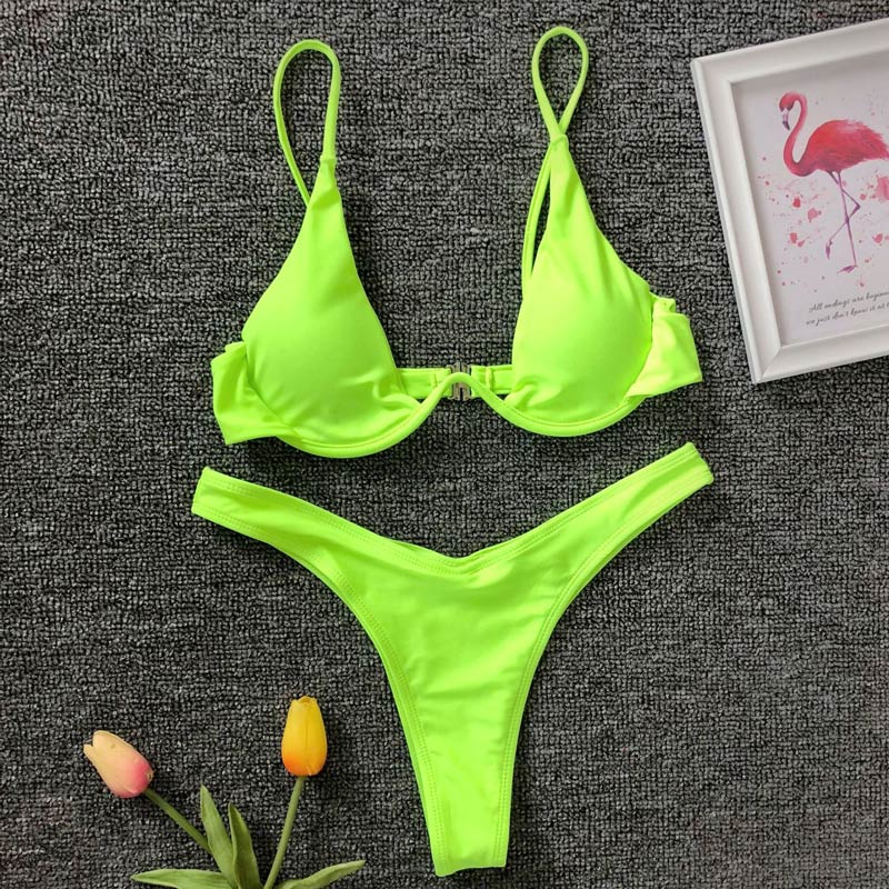 

Neon Green V-bar Underwire Bikini 2020 Female Swimsuit Women Swimwear Two-piece V Shape Wire Bikini Set Bather Bathing Suit, Beige