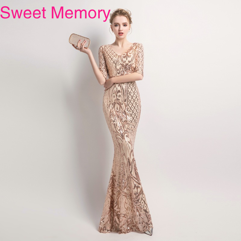 

H20162 Women Black Sequined Evening Dresses Banquet New Fishtail Half Sleeve Host Annual Party Dress Sweet Memory