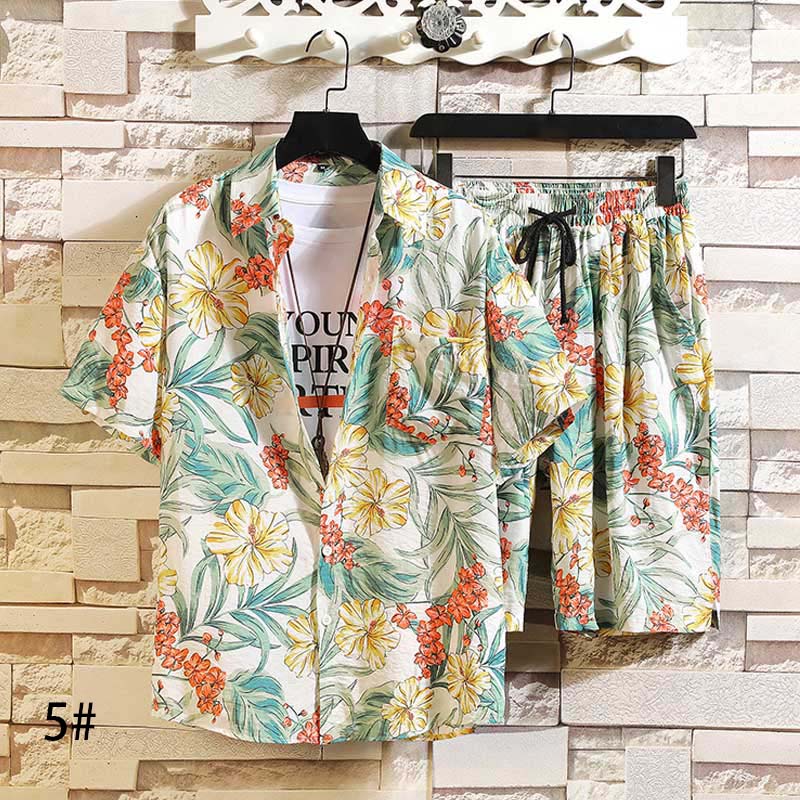 Summer Fashion Floral Print Shirts Men+Shorts Short Sleeve Shirt 2 Piece Men Set Suit Casual Shorts Sport Wear Floral Beach H