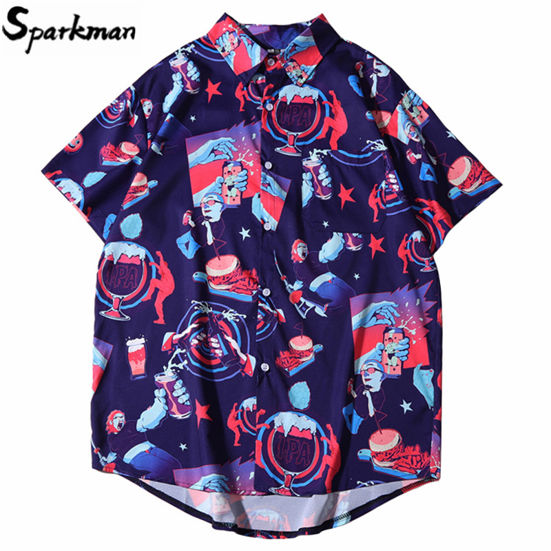 

Men Hawaiian Shirt 2020 Hip Hop Shirt Streetwear Harajuku Beach HipHop Tops Short Sleeve Summer Aloha Shirts Blue, B1252082 purple