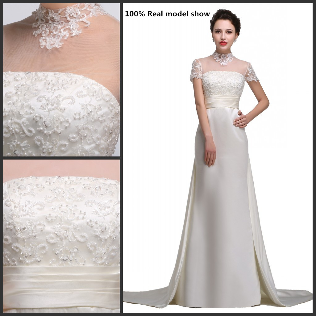 

Satin Wedding Dresses Ivory Lace High Sheer Neck Wedding Gown A-Line Real pictures Beach Plus Size Wedding Dresse With Long Train, Grape