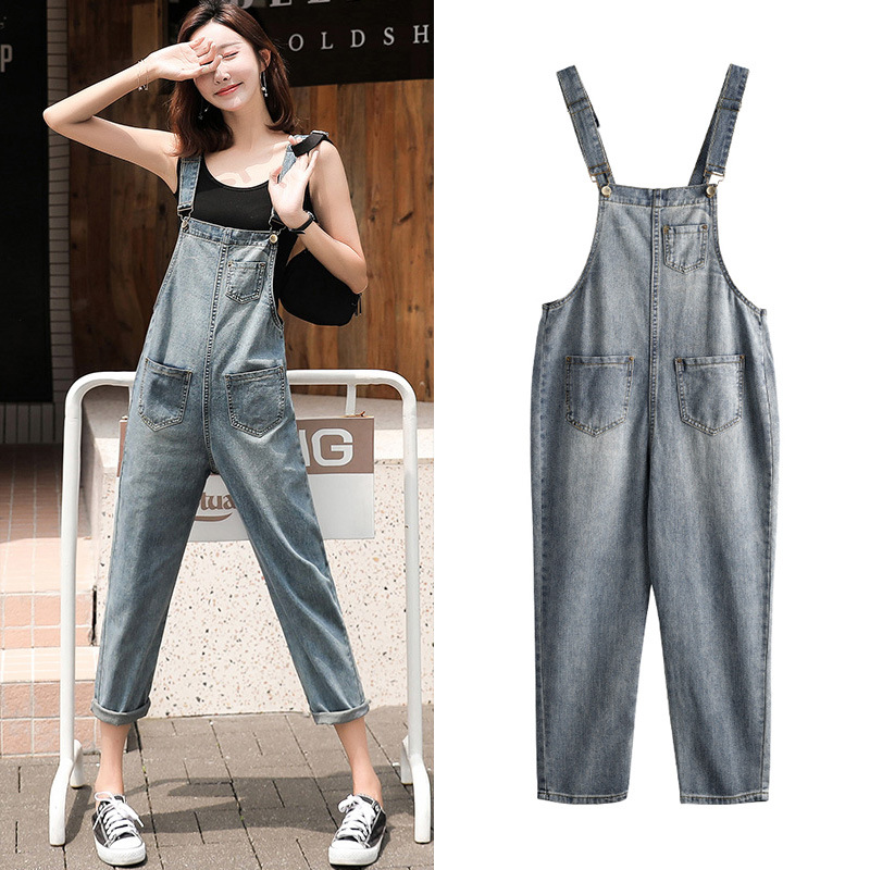 

Retro Women Denim Jumpsuit Ladies Spring Fashion Loose Jeans Rompers Female Casual Plus Size Overall Playsuit With Pocket, Blue