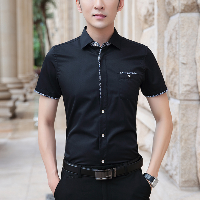 

BROWON 2020 Summer Men's Shirt Short Sleeve Solid Color Turn-down Collar Regular Fit White Shirt Dress for Work Clothes, Lake blue shirt