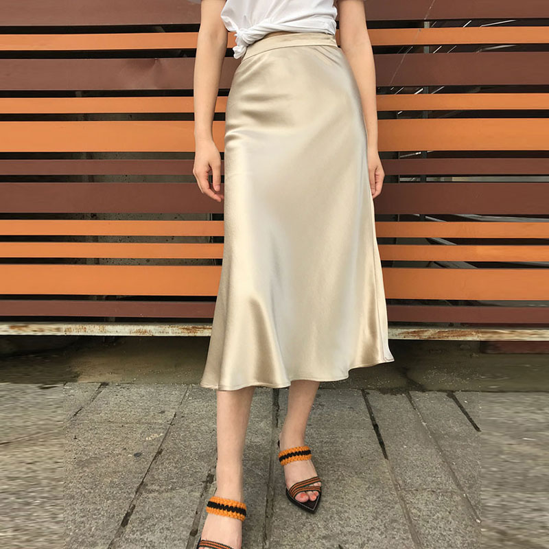 

Bella Philosophy Self Design Summer glossy satin trumpet high waist skirt Silver gold long skirt Metallic Color party