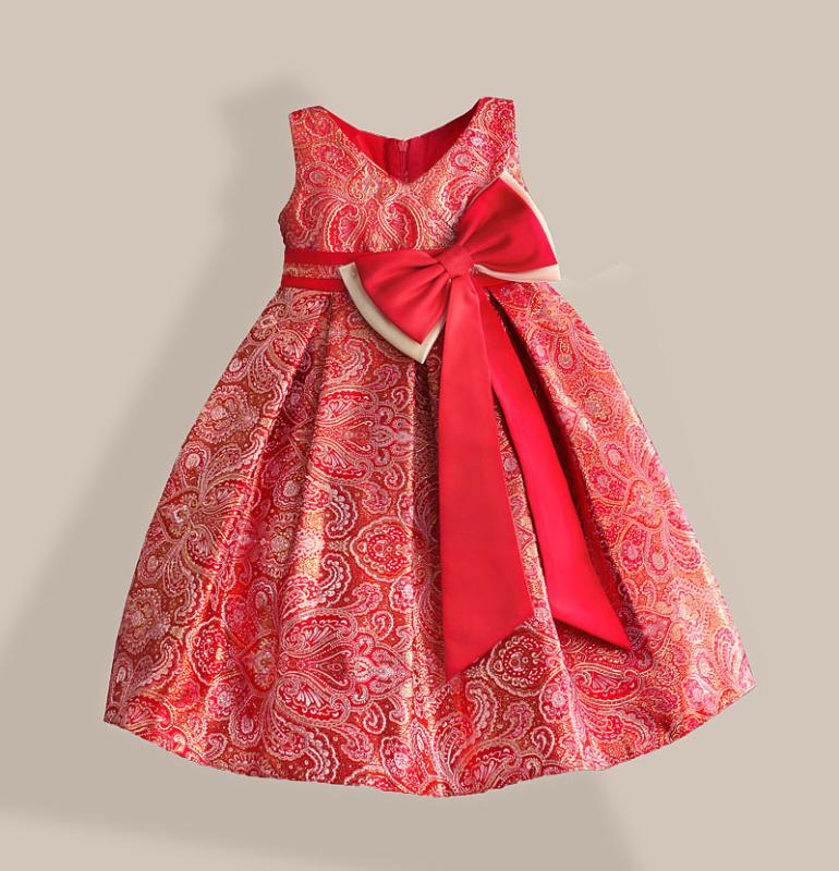 

Red Big Bow Girls Dress for New year Gold Bronzing Cotton Keen-length V-Neck Kids Party Dresses Size 3-8T, As picture