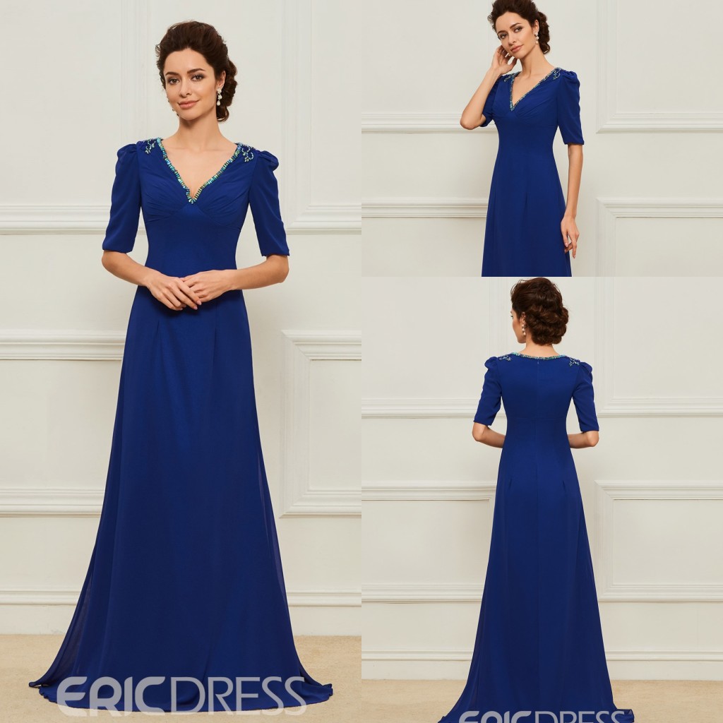 

Elegant Ericdress Mermaid Mother of The Bride Dresses V Neck Half Sleeve Wedding Guest Dress Crystal Sweep Train Evening Gown