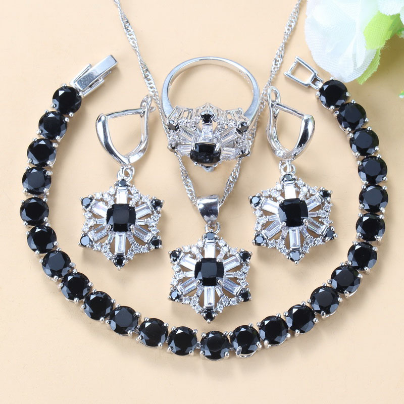 

Amazing Black Cubic Zirconia Women Fashion Jewelry Sets Silver 925 Dangle/Earrings/Bracelet/Ring 5-Color Jewelry, As pic
