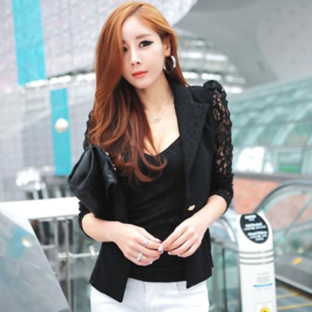 

2019 Summer Blazer Women Jacket Large Sizes Blazer Coat Lace Splicing Long Sleeves Slim Thin Coat female Work Wear Oversized 3XL, Black