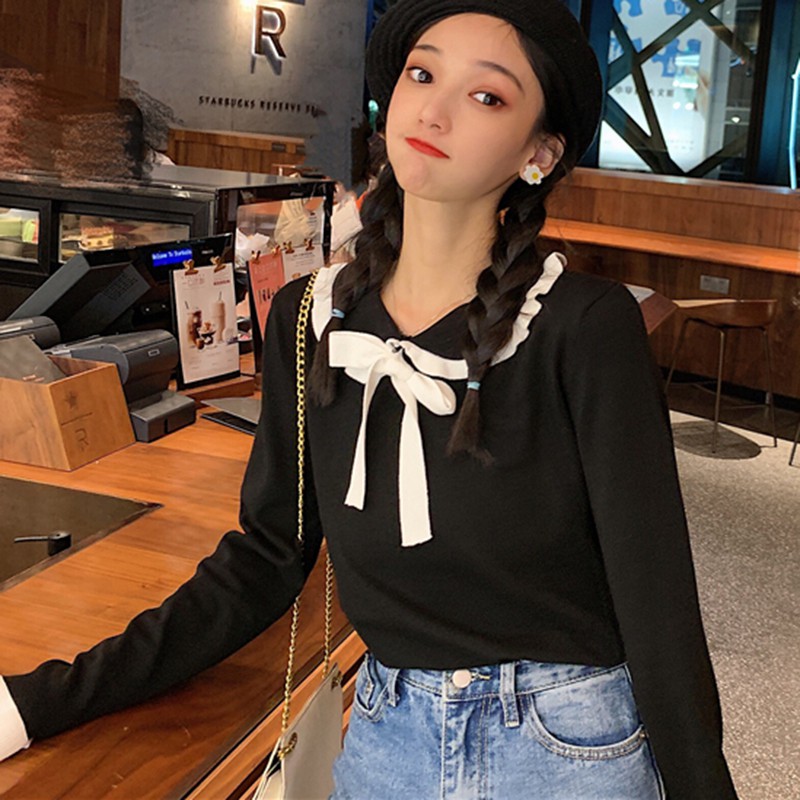 

Autumn Korean Fashion Women Sweater Turn-Down Collar Bow Sweater Casual Wild Long Sleeve Knitted Pullovers Kawaii Female Tops