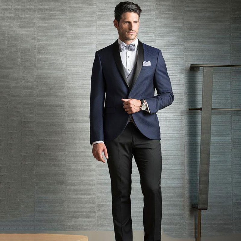 

Navy Blue Groom Tuxedos Slim Fit Mens Wedding Suits Man Blazer Black Shawl Lapel Prom Party 2Piece(Coat+Pants)Costume Homme Trajes de Hombre, Same as image