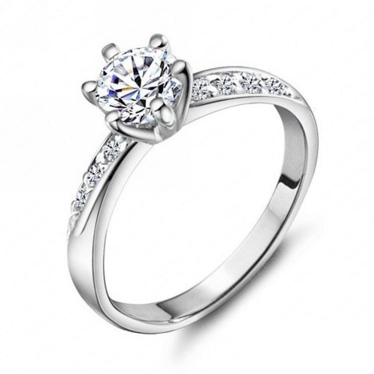 Anello di fidanzamento in argento sterling 2 carati con diamante sintetico a 6 rebbi con pietre laterali promesse