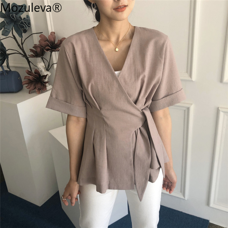 

Mozuleva New Women' Summer Blouses Shirts V-neck Solid Fashionable Korean Style Casual Irregular Lace Up Tops Shirts 2020 femme, Beige