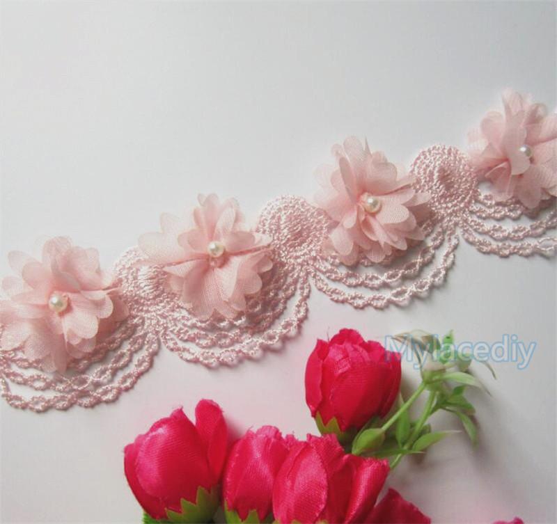3 pieces light pink 3/" sequin butterfly shabby chiffon rose trim